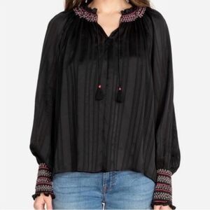 Johnny Was Folk Smock Silk Peasant Style Embroidered Blouse Black Size S - M